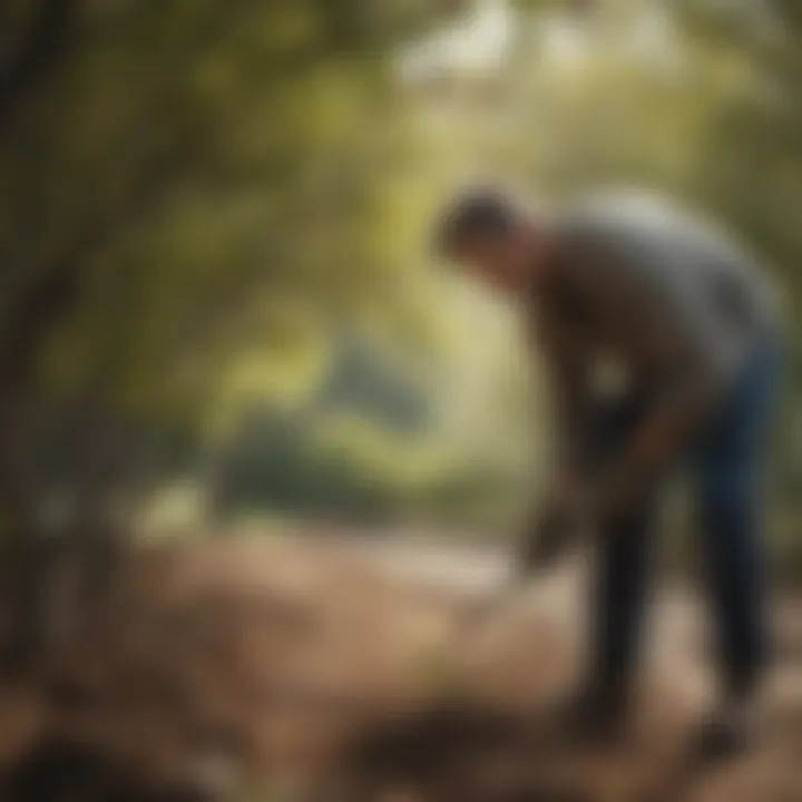 A gardener tending to young cherry saplings