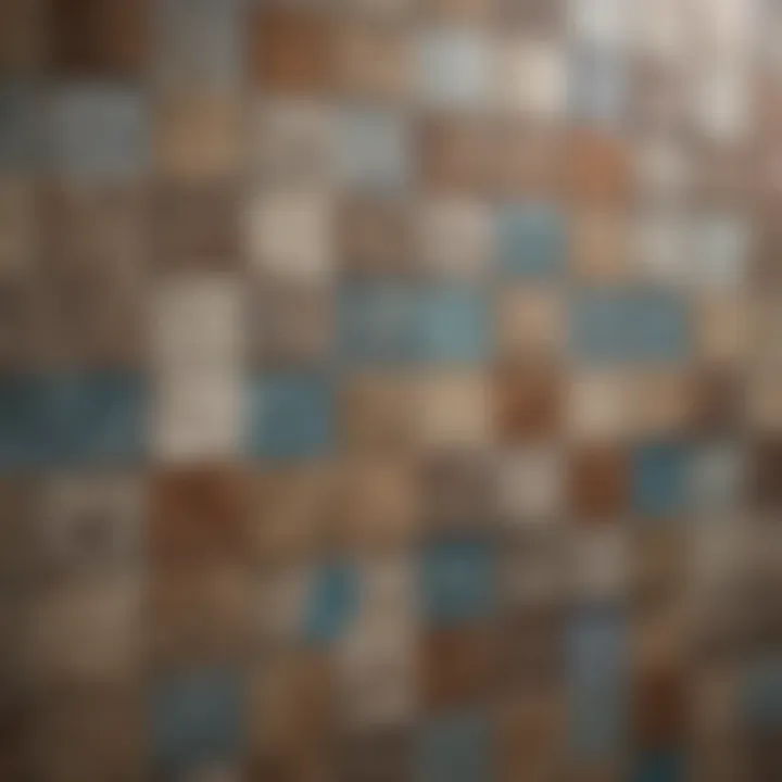 Different types of wall tiles displayed, featuring ceramic, glass, and natural stone options.