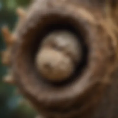 A close-up view of a small wasp nest attached to a tree branch