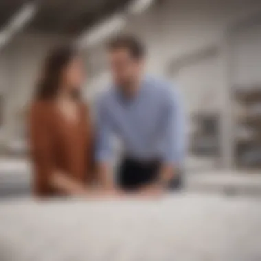 A shopper consulting an expert in a mattress store, highlighting informed decision-making.