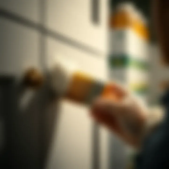 A detailed close-up of a brush applying paint on cupboard