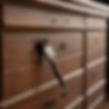 Close-up of a brush applying paint to a wood dresser.