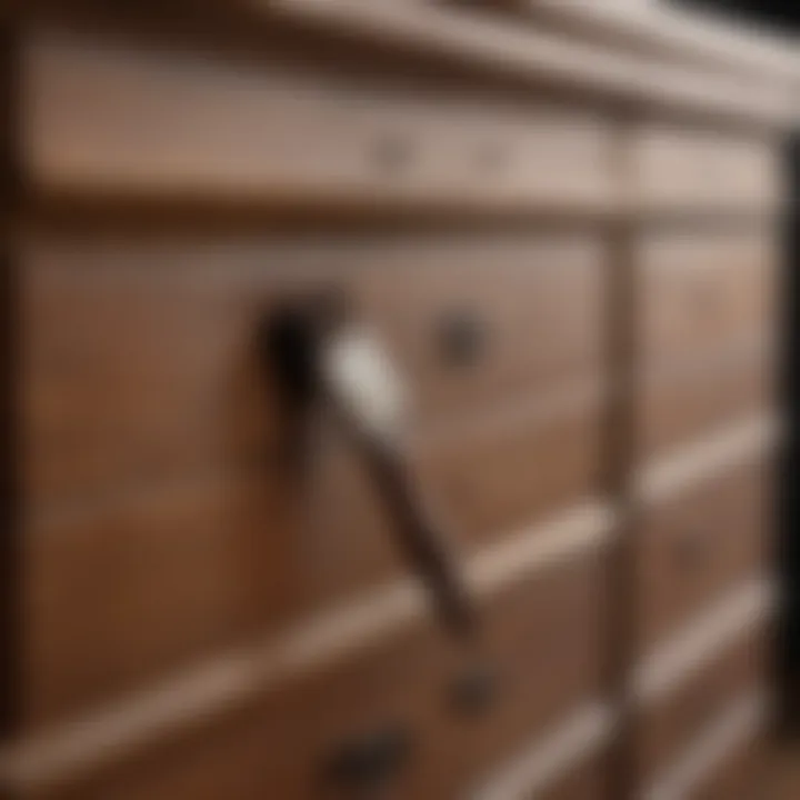 Close-up of a brush applying paint to a wood dresser.