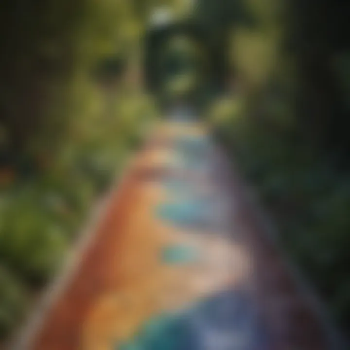 Colorful mosaic pathways leading through a serene garden
