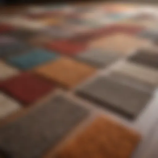 A variety of carpet samples displayed on a wooden floor