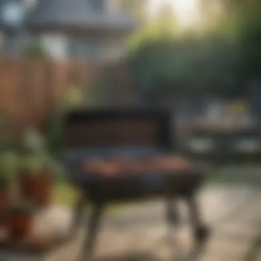 Portable Barbeque Grill in Backyard A portable barbeque grill set up in a backyard for casual dining