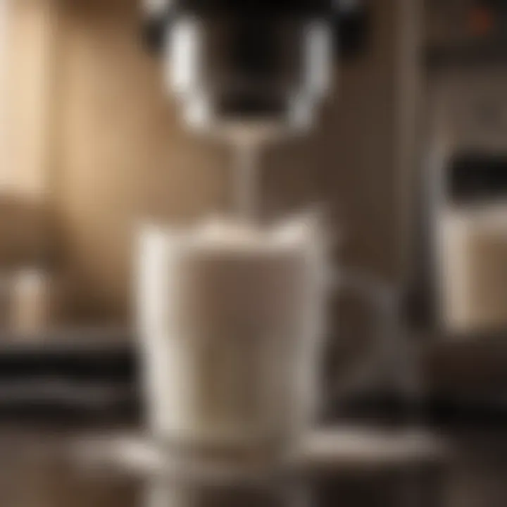 Close-up of frothy milk being produced by a coffee maker's frother.