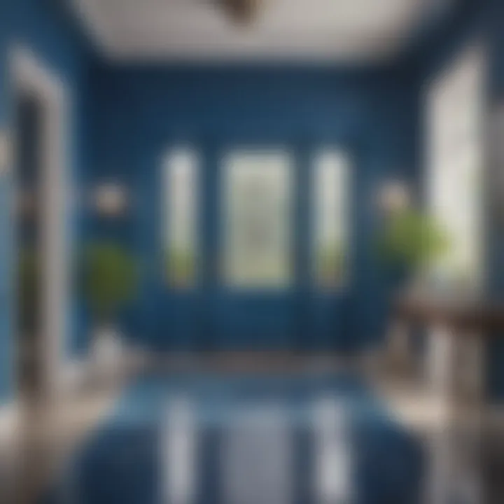 Bright entryway showcasing a vibrant blue hue with modern decor