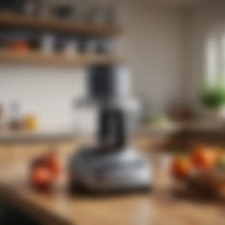 A sleek food processor positioned on a kitchen countertop with fresh ingredients around