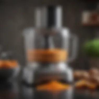 Close-up of a food processor showcasing its versatile attachments and features