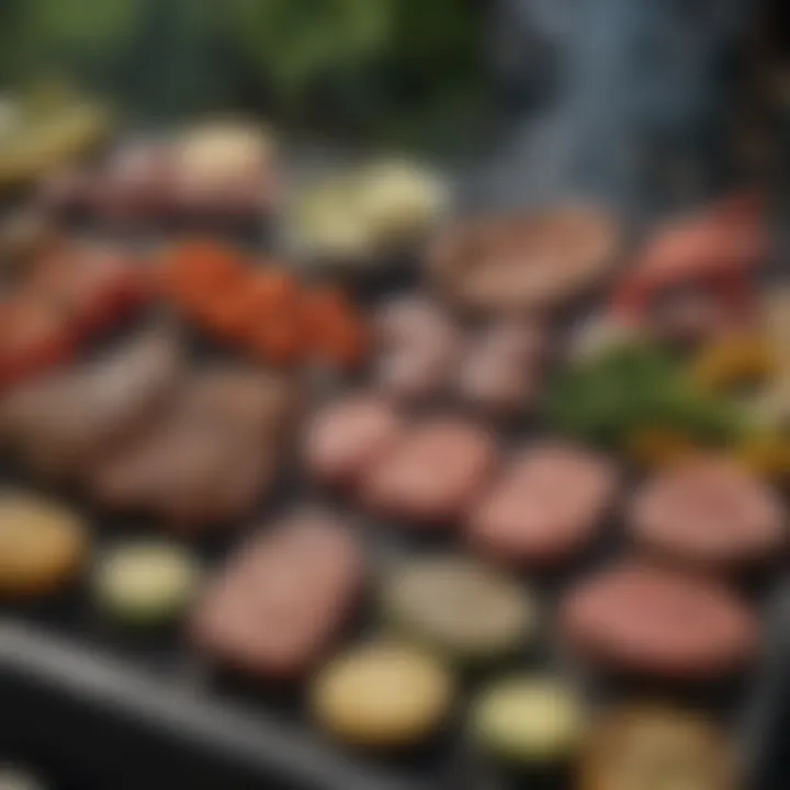 An assortment of meats and vegetables ready for grilling on an elegant barbeque grill.