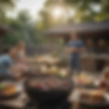 A serene backyard scene with friends enjoying a barbeque feast under a bright sky.