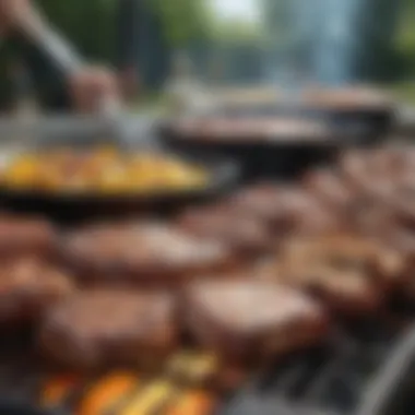 A close-up of sizzling barbeque dishes showcasing the delicious results of outdoor grilling.