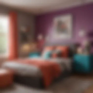 Modern Teen Bedroom with Bold Colors A stylish, modern bedroom showcasing a bold color scheme and personalized decor.