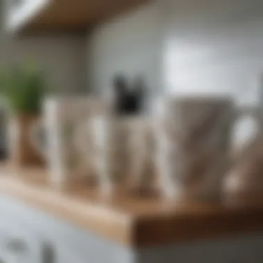 Elegant display of Better Homes and Gardens mugs arranged on a kitchen shelf