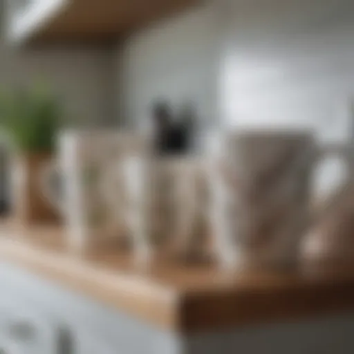 Elegant display of Better Homes and Gardens mugs arranged on a kitchen shelf