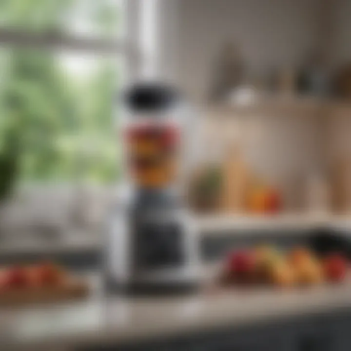 A clean and organized kitchen featuring a blender in use