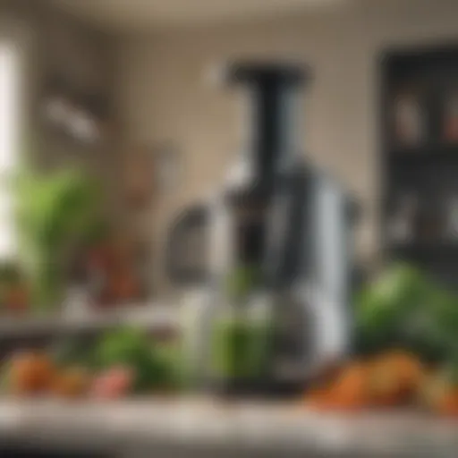 A Breville juicer extracting green juice with leafy vegetables