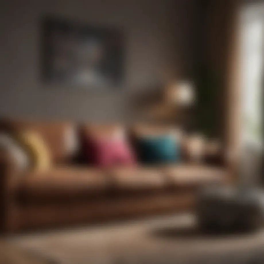Stylish brown fabric couch paired with vibrant cushions
