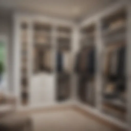 Elegant built-in closet featuring custom shelving and lighting.