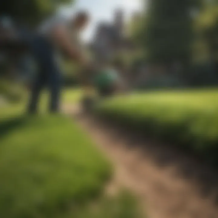 A gardener applying fertilizer evenly across the lawn.