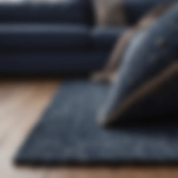 Close-up of rug texture against navy fabric