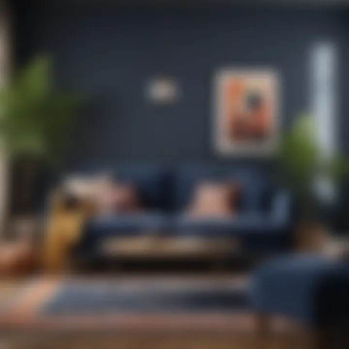 Stylish living room featuring navy couch and complementary rug