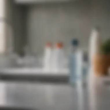 Water Softening Solutions for Laundry An array of water softening solutions and additives displayed on a countertop.