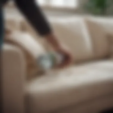 Person applying a stain remover to a couch