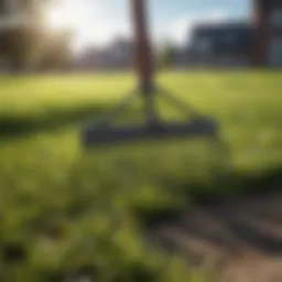 Close-up of a lawn thatching rake on grass