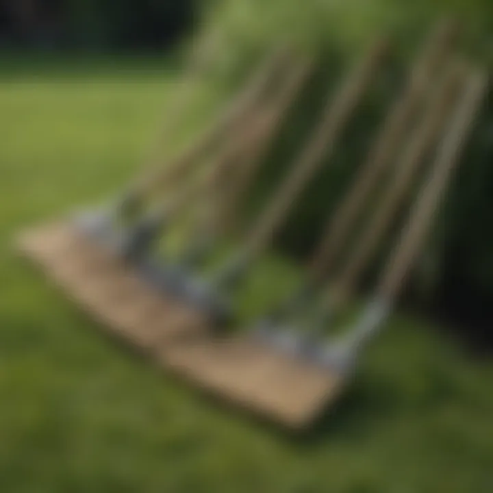 Different types of lawn thatching rakes displayed