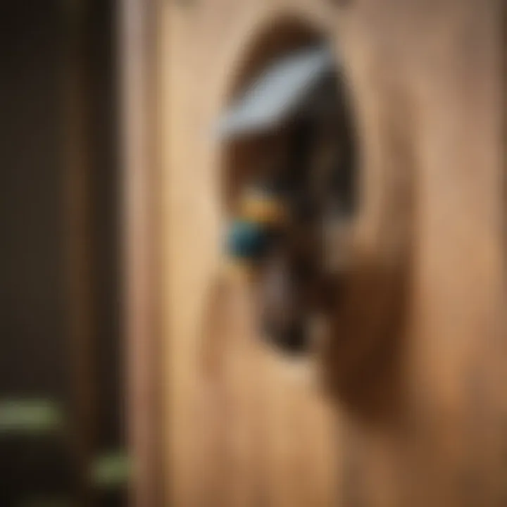 Close-up of a carpenter bee entering its custom-built house.