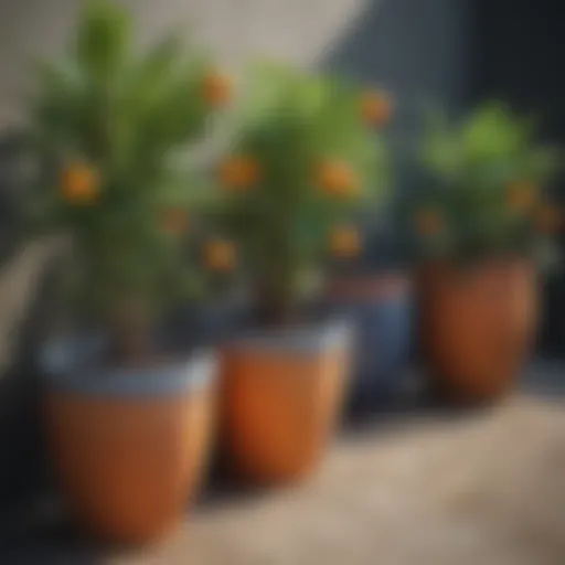 A vibrant garden showcasing various fruit plants in decorative pots