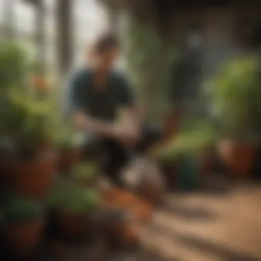 A gardener tending to potted fruit plants with care tools