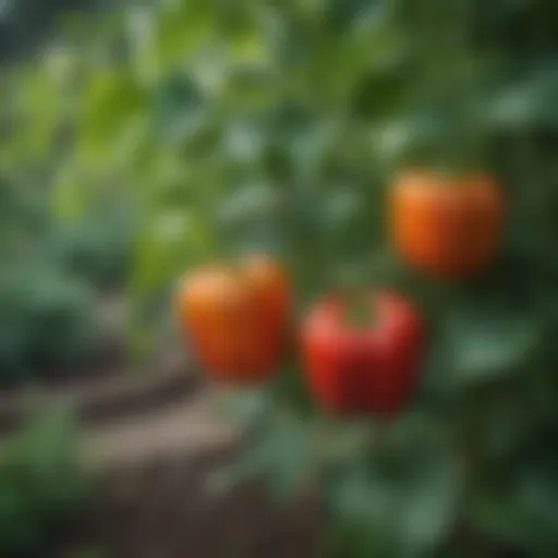 Vibrant large bell pepper plants in a garden setting