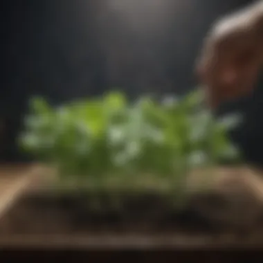 Close-up of spinach seedlings being watered gently