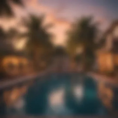 Captivating Sunset Pool Party A captivating sunset view over a pool party, highlighting the lively atmosphere.