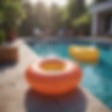 Vibrant Poolside Aesthetics A vibrant poolside setting adorned with colorful floaties and ambient lighting.