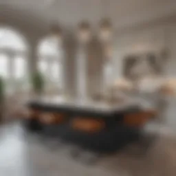 Elegant kitchen island with marble countertop and stylish bar stools