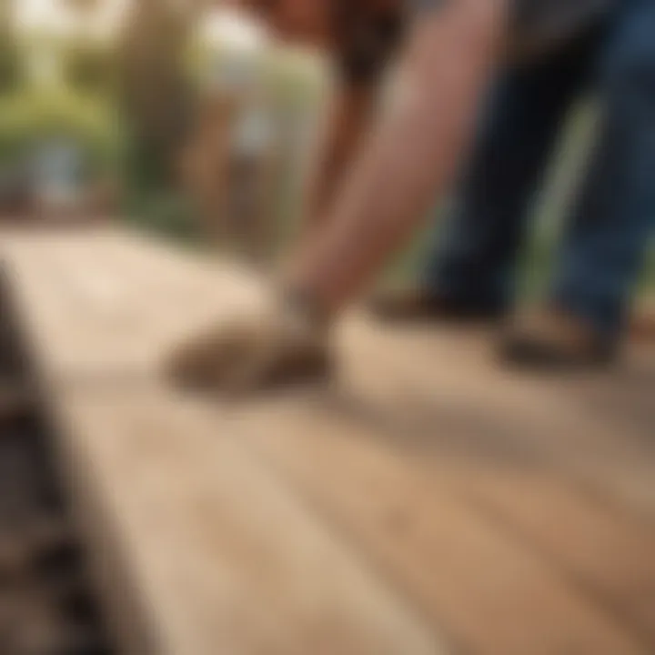 Close-up of laborers installing deck planks with precision