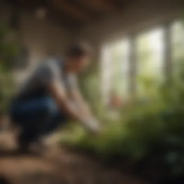 A gardener applying fertilizer to plants