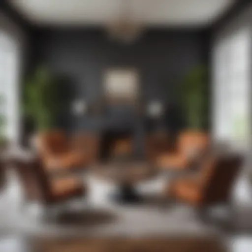 A modern living room featuring an eclectic mix of chairs arranged around a central coffee table