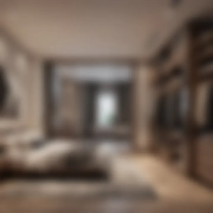 Contemporary layout of a bedroom featuring a stylish walk-in closet with innovative organization techniques