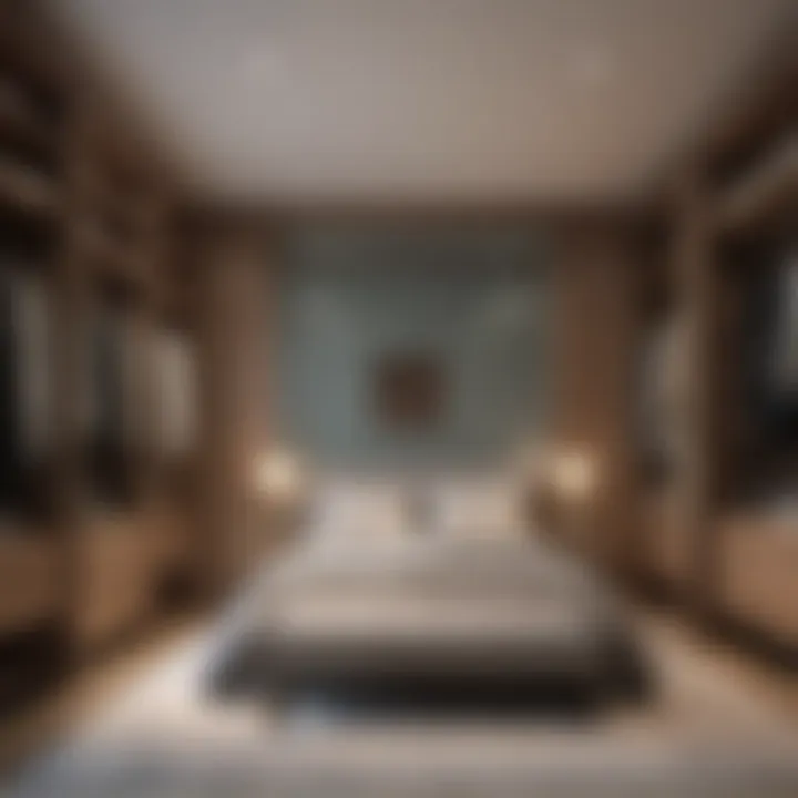 Elegant materials and color palette used in a bedroom with an integrated walk-in closet for a cohesive look