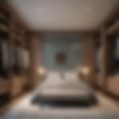 Elegant Materials in Bedroom with Walk-In Closet Elegant materials and color palette used in a bedroom with an integrated walk-in closet for a cohesive look