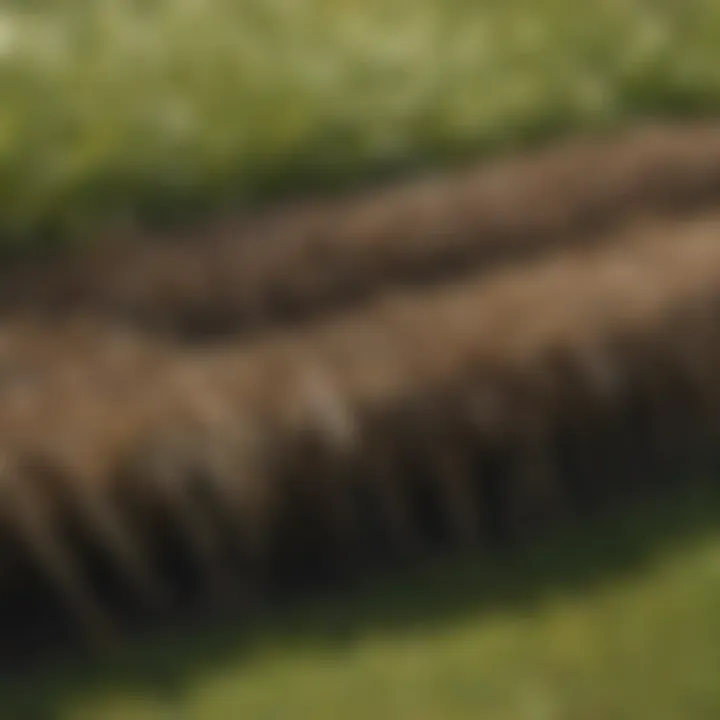Close-up view of thatch layers on a lawn