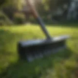A sturdy rake resting on lush green grass