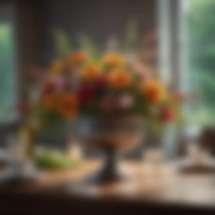 Stylish centerpiece composed of seasonal flowers and decorative elements