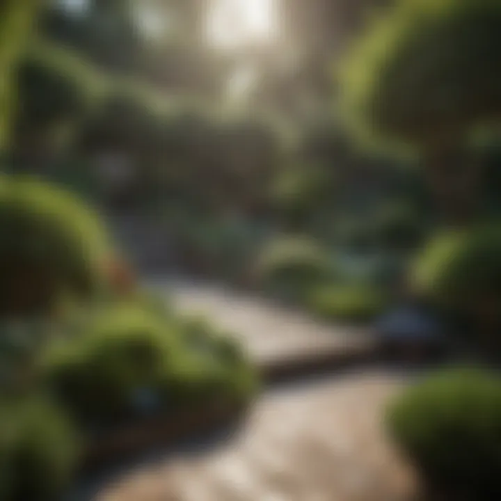A beautifully landscaped small garden with dwarf trees, showcasing innovative design and arrangement.