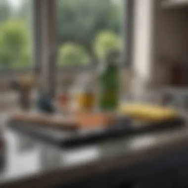 A variety of cleaning tools arranged on a kitchen counter